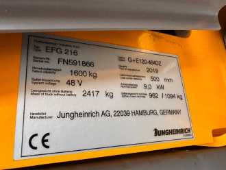 Gabelstapler gebraucht JUNGHEINRICH EFG 216 Baujahr 2019 / Stunden 8591 HH 4,64M ELEKTRO DREIRADFRONTSTAPLER (13001990)