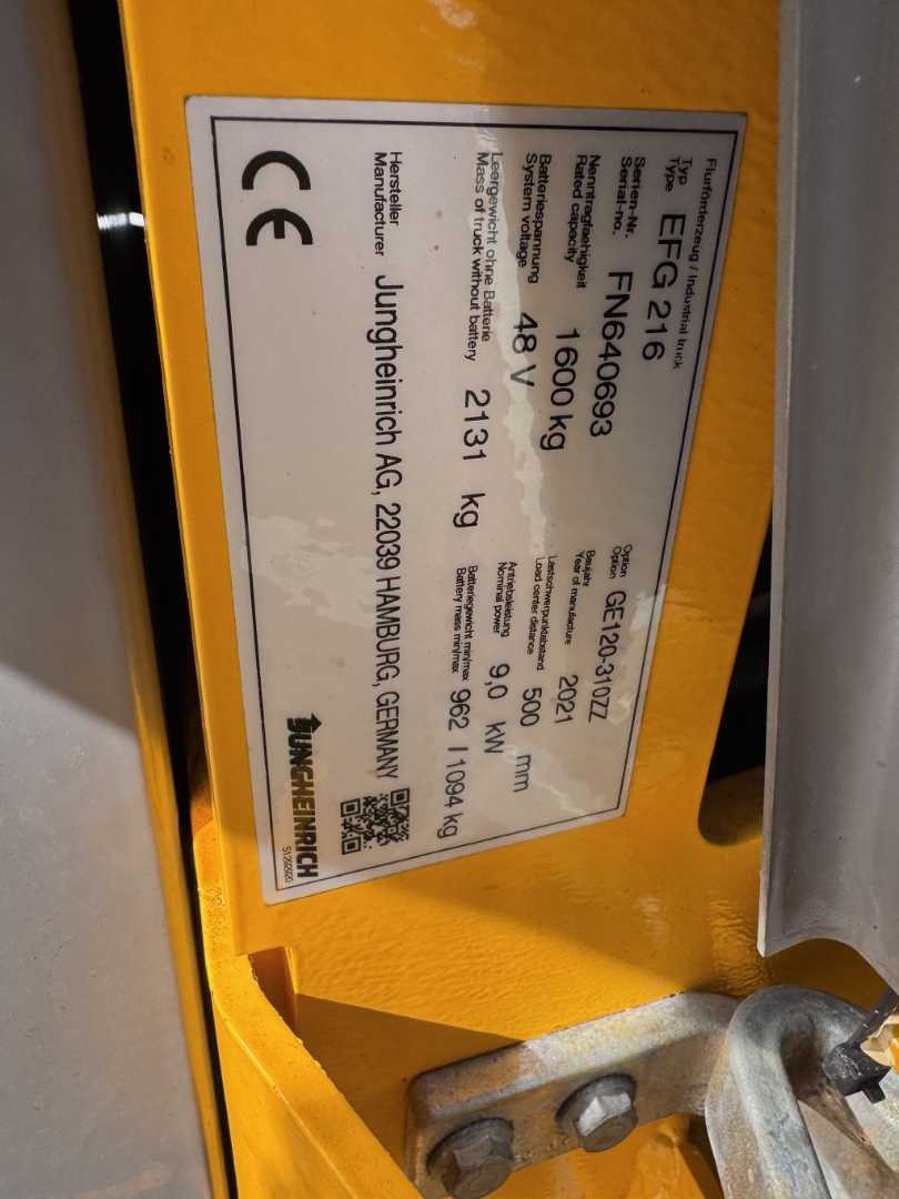 Used Forklift Jungheinrich EFG 216 Baujahr 2021 / Stunden 5204 HH 3100 3 riteņu dakšu iekrāvējs (Image 6) Used Forklift Jungheinrich EFG 216 Baujahr 2021 / Stunden 5204 HH 3100 3 riteņu dakšu iekrāvējs (Image 6)