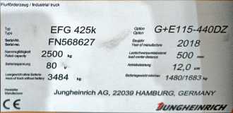 Použité vysokozdvižné vozíky JUNGHEINRICH EFG 425k SP G+E 115-440DZ ELEKTRO VIERRADFRONTSTAPLER (13049349)