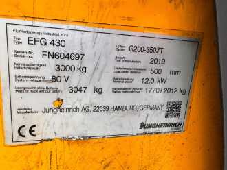 Použité vysokozdvižné vozíky JUNGHEINRICH EFG 430 Baujahr 2019/ Stunden 8035/ Akku NEU 2026 ELEKTRO VIERRADFRONTSTAPLER (13047358)