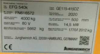 Použité vysokozdvižné vozíky JUNGHEINRICH EFG 540k SP GE T (135-235)-415 DZ ELEKTRO VIERRADFRONTSTAPLER (13068201)