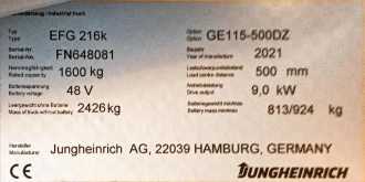 Used Forklift Truck JUNGHEINRICH EFG 216k SP GE 115-500DZ ELEKTRO VIERRADFRONTSTAPLER (12920017)