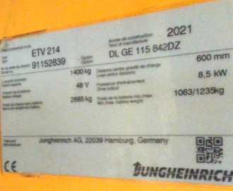Used Forklift Truck JUNGHEINRICH ETV 214 MP GE 115 842 DZ DL ELEKTRO SCHUBMASTSTAPLER (12938705)